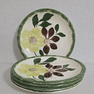 5 Vintage Unmarked Blue Ridge Pottery  Floral Green and Brown Dessert Plates